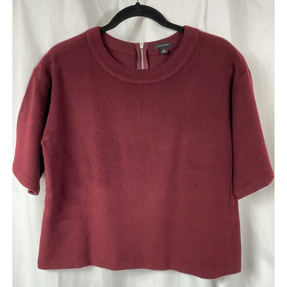 Ann Taylor Wool Blend Cropped Top Burgundy Back Zip Crew Neck